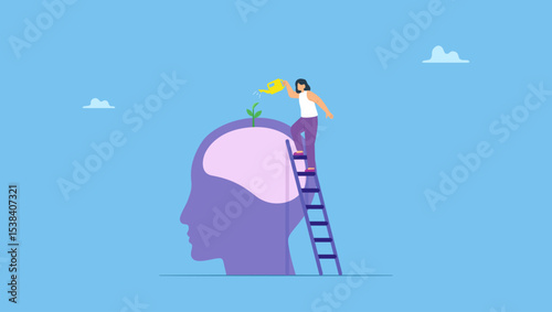 Self improvement, growth mindset, positive attitude to learn new knowledge improvement, self care and development. A woman character using watering can to water growing seedling on the head.