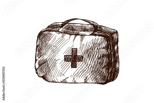 Hand drawn vintage sketch of first aid kit medical bag for hiking or camping, isolated vector illustration