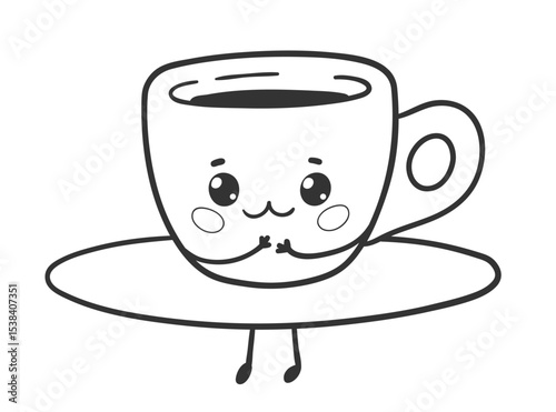 Vector illustration of a kawaii espresso cup standing on a large saucer, smiling with big sparkling eyes and tiny arms. Line art isolated illustration.