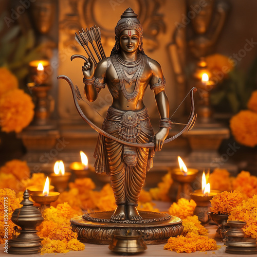 India Diwali Festival, Hindu God Shiva Statue Surrounded By Marigold Flowers And Diyas Symbolizing Light And Spiritual Devotion During Indian Deepavali Celebration

