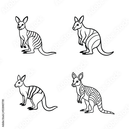 Black and white outlined illustrations of various kangaroo poses on a white background