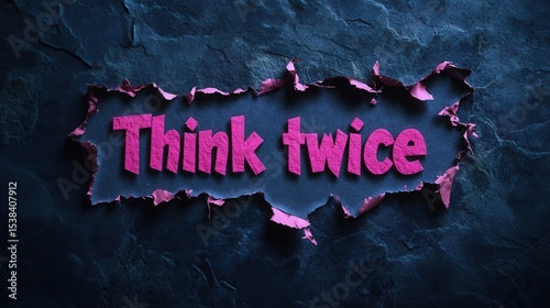 Ripped paper message Think twice with pink text on a textured navy blue background. Conceptual design for business client communication, customer feedback, user experience, and opinion gathering