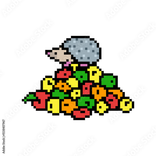 Cute hedgehod on a pile of apples, pixel art scene isolated on white background. Autumn harvest symbol.