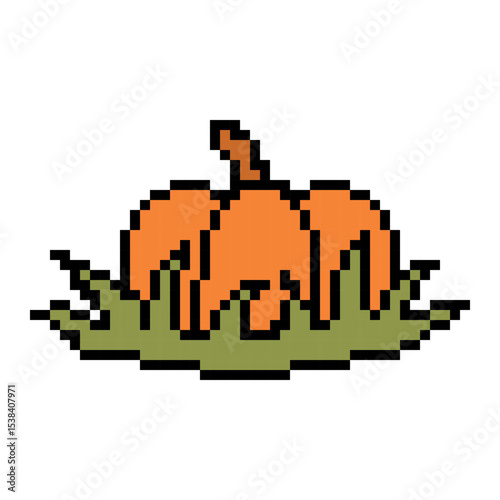 Big orange pumpkin in the grass, pixel art scene isolated on white background. Halloween and Thanksgiving symbol. Autumn holidays food.