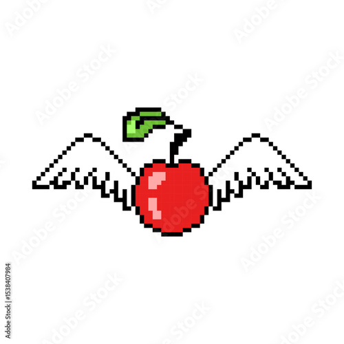 Red apple with a green leaf and white angel wings, vector pixel art illustration isolated on white background