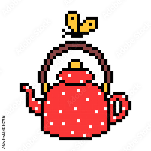 Cute red kettle with white polka dot pattern and a yellow butterfly, pixel art scene isolated on white background.