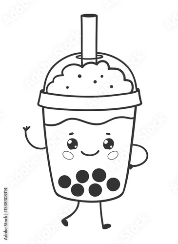 Vector illustration of a kawaii iced bubble tea cup with a dome lid, whipped topping, large straw and tapioca pearls, smiling and walking. Line art isolated illustration.