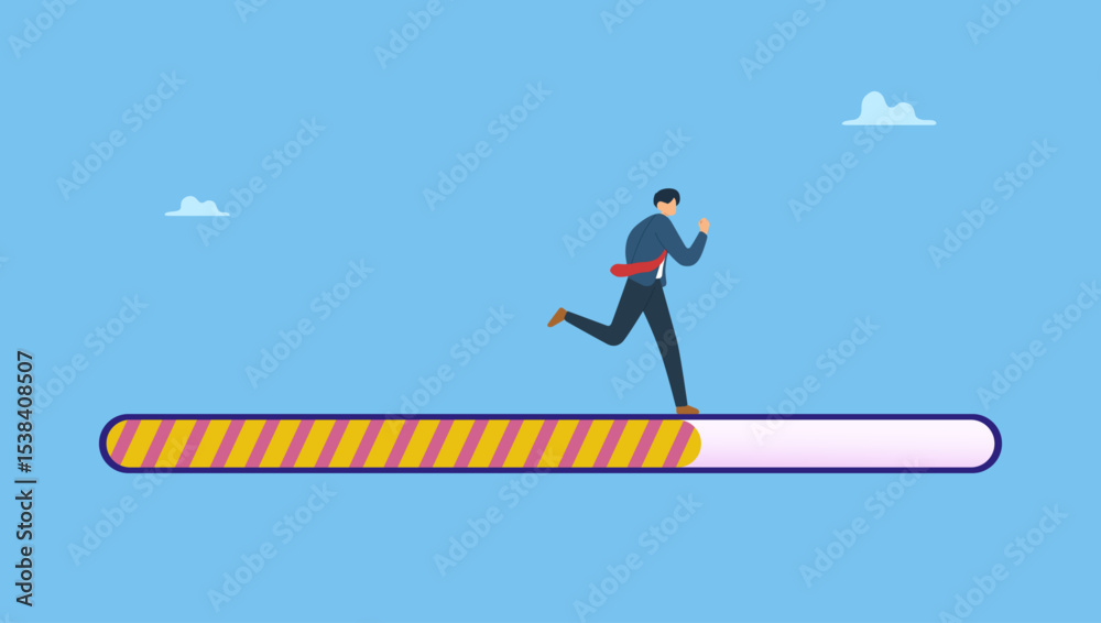 Obraz premium A businessman running on a progress bar. Symbolizes progress or journey to success or achieve goal, business step or career path, mission or challenge to succeed, improvement.