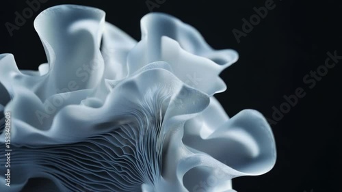 Abstract close-up of a flowing, translucent white sculpture with intricate details and textures