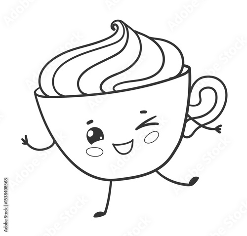 Vector illustration of cute cocoa cup with winking face and whipped-cream topping. Line art isolated illustration.