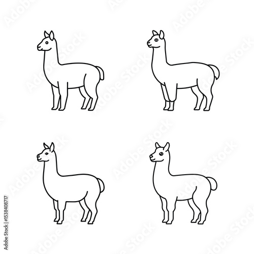 Simple line art illustration of four llamas in different poses for design and decoration