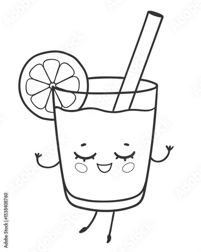 Vector illustration of cute lemonade glass with smiling face, straw and citrus slice. Line art isolated illustration.
