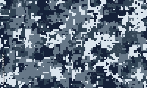 Abstract digital camouflage pattern in shades of blue and grey.  Ideal for backgrounds, textiles, or militarythemed designs.  The pixelated texture evokes a sense of mystery and concealment.