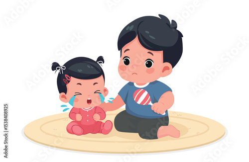 Cute Little Boy Comforting Crying Baby Sister – Cartoon Vector Illustration