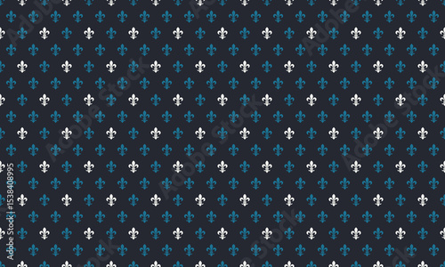 Elegant repeating fleurdelis pattern in teal, white, and dark blue.  Perfect for textile design, wallpaper, website backgrounds, or any project needing a sophisticated, regal touch.