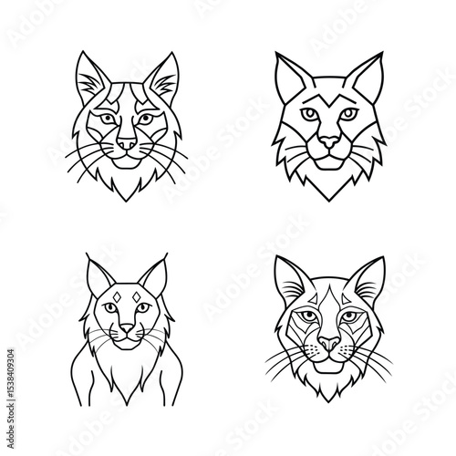 A set of stylized black and white lynx head illustrations on a white background
