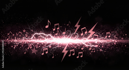 Music notes and lightning bolts in vibrant pink and black background  