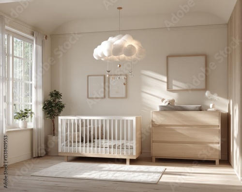 Modern Baby Nursery with Wooden Crib and Cloud Mobile