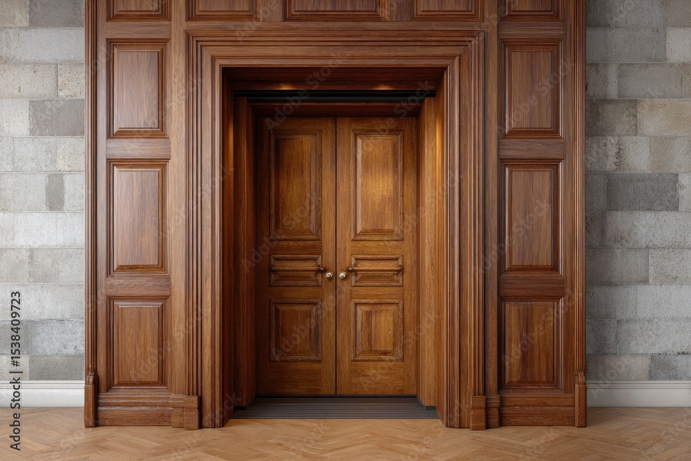 Ornate darkwood paneled doorway with double doors flanked by gray brick walls sits on a wood parquet floor Ornate darkwood paneled doorway with double doors flanked by gray brick walls sits on a wood parquet floor