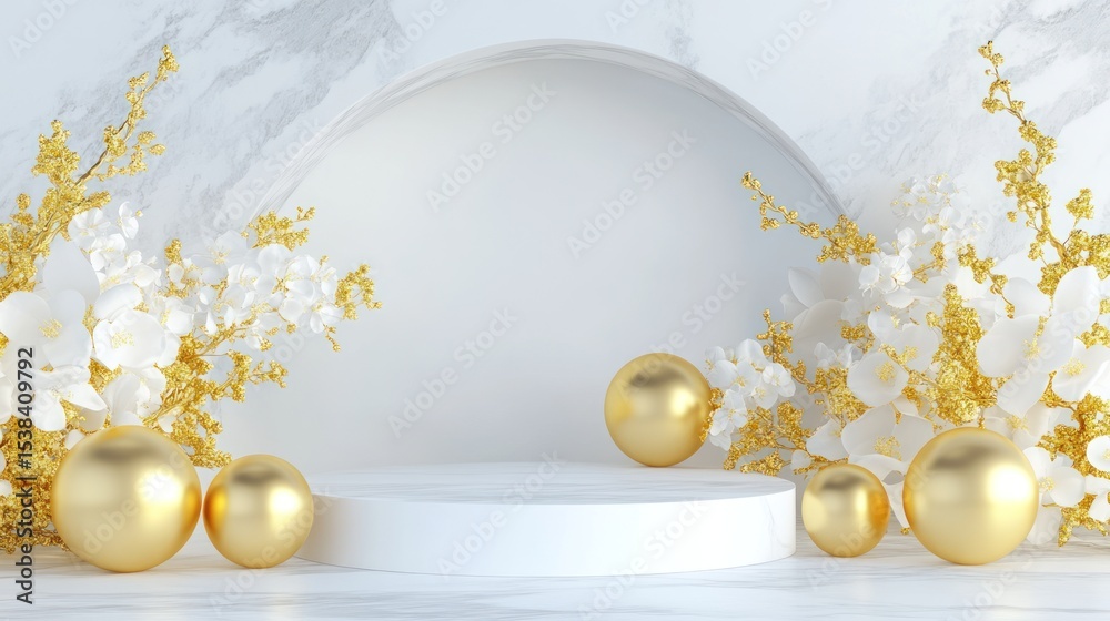 Fototapeta premium White marble platform with gold orbs and white flowers.
