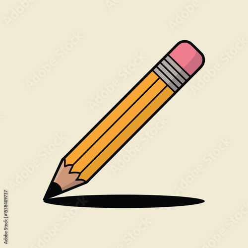 A classic yellow pencil with eraser and shadow creating the illusion of writing on a creamy beige background for creative design and education
