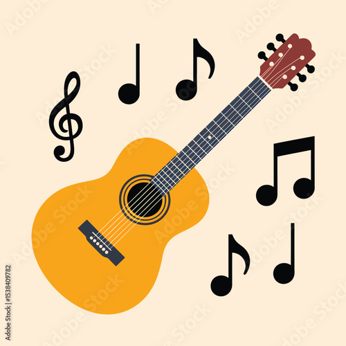 A golden acoustic guitar with musical notes on a cream background a vector illustration perfect for music education and creative projects