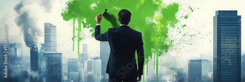 Visual concept of a businessperson painting over pollution with green paint, representing false sustainability marketing and the illusion of eco-friendly practices.