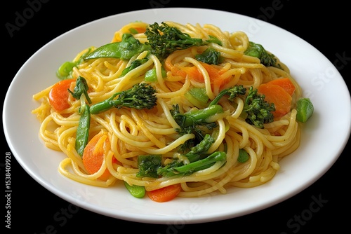 Pasta dish featuring noodles carrots broccolini and snow peas on a white plate against a black background
