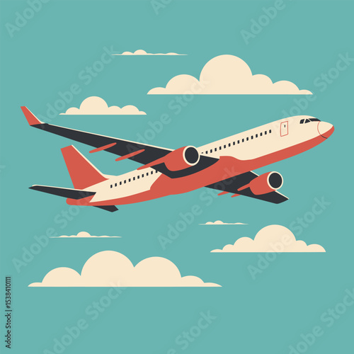 A vector illustration of a passenger airplane soaring through a turquoise sky with white clouds depicting air travel and transportation