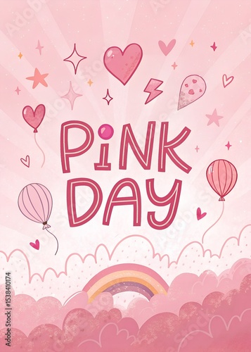 Pink Day Celebration Cute Hand-Drawn Illustration with Balloons, Hearts, and Rainbow