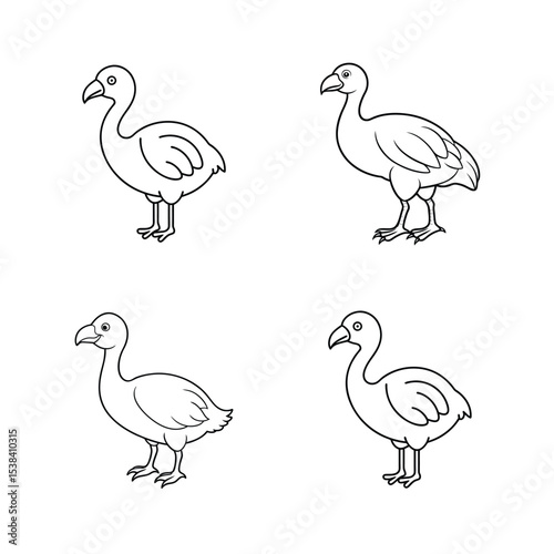 Simple black and white illustration of four dodo birds on a white background