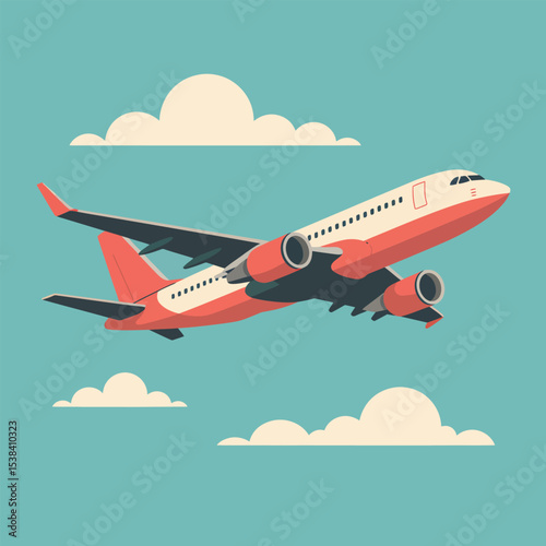 Airplane in flight against a bright blue sky surrounded by fluffy white clouds representing travel and aviation themes vector illustration.
