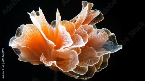 Vibrant orange and white flower-like structure against a black background, showcasing intricate details