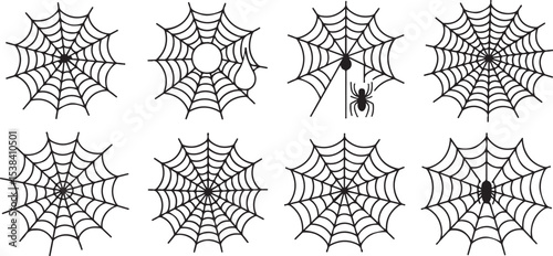 Eight halloween spiderwebs with spiders collection