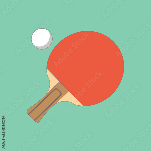 Artistic illustration of a ping pong paddle and ball set against a pastel green background perfect for sports game related design and branding purposes.