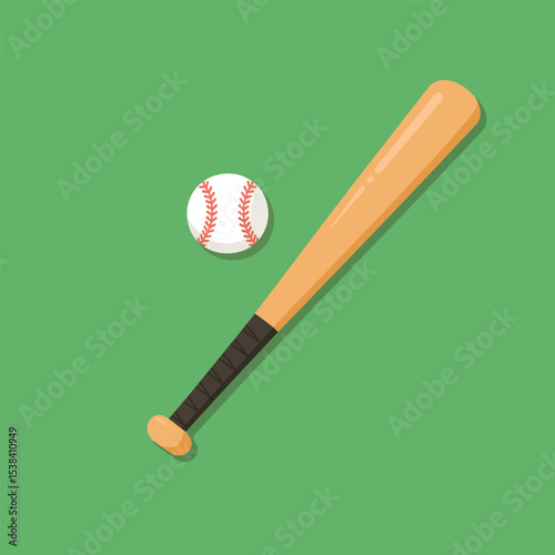 Baseball equipment on green background illustration featuring baseball bat and ball for sport designs and american game concepts