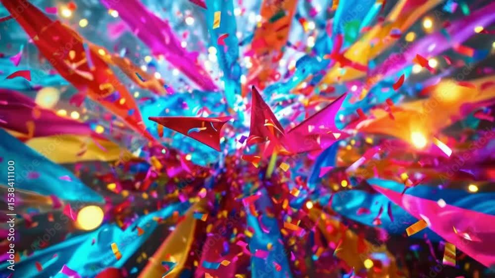 kaleidoscopic party streamers explosion of vibrant triangular pennants swirling in mesmerizing patterns holographic confetti dynamic motion blur effect.