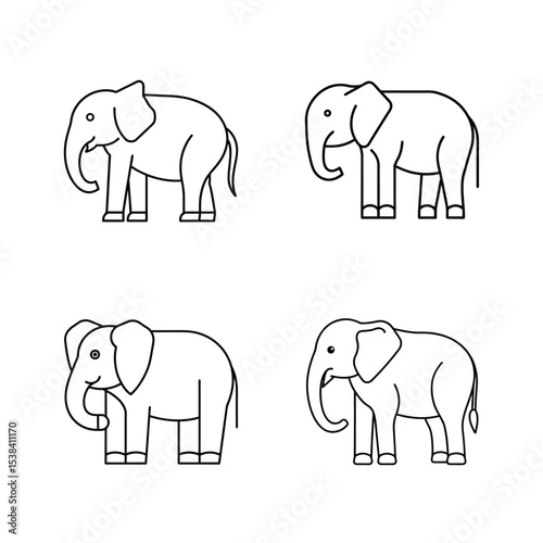 Simple outline drawings of four elephants in different poses isolated on white background