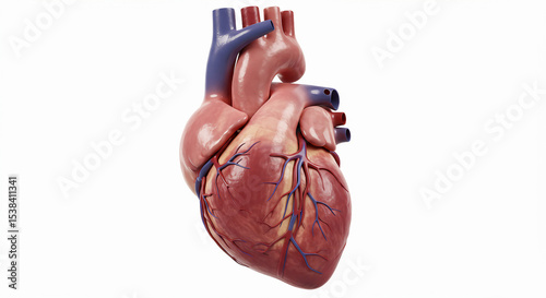 Anatomical heart model showing arteries and veins on a white background view