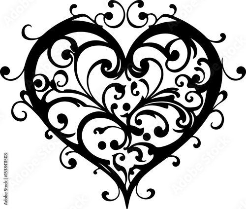 Floral Heart Vector Design, Decorative Heart Silhouette Art, Elegant Heart Frame Vector, Vintage Floral Heart Illustration, Romantic Heart Ornament Vector, Black Ornamental Heart Design, Baroque Heart
