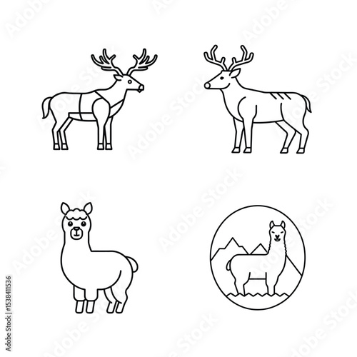 Minimalist outline illustrations of deer and llamas in various poses for design projects