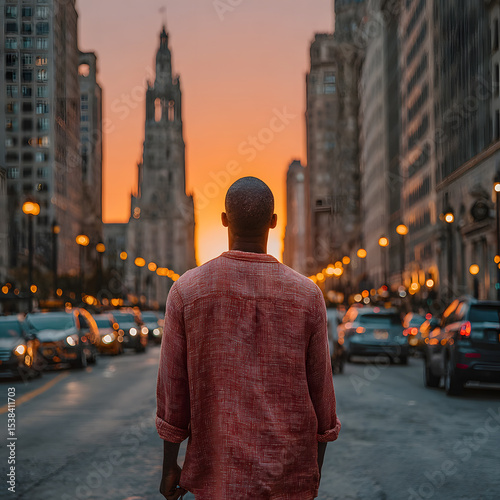 African Man Standing on City Street Looking Towards Sunset