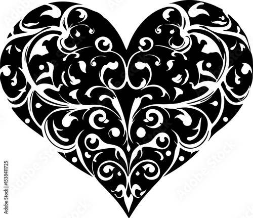 Floral Heart Vector Design, Decorative Heart Silhouette Art, Elegant Heart Frame Vector, Vintage Floral Heart Illustration, Romantic Heart Ornament Vector, Black Ornamental Heart Design, Baroque Heart