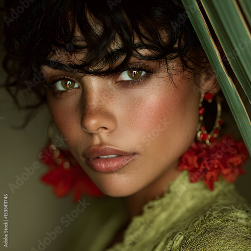 Close-up Portrait of an Indian Woman with Detailed Earrings and Botanical Elements