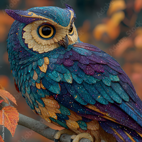 Highly Detailed Owl with Elaborate Feather Texture Perched on Branch