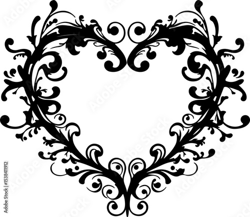 Floral Heart Vector Design, Decorative Heart Silhouette Art, Elegant Heart Frame Vector, Vintage Floral Heart Illustration, Romantic Heart Ornament Vector, Black Ornamental Heart Design, Baroque Heart