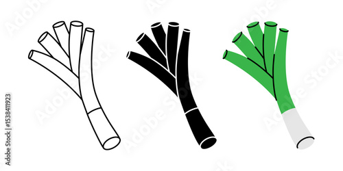 Spring onions icon set. Fresh organic vegetable symbol for kitchen, menu, food package design. Vector illustration