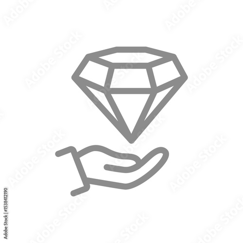 Hand holding diamond line icon. Valuable investment, premium offers, donation symbol. Vector illustration
