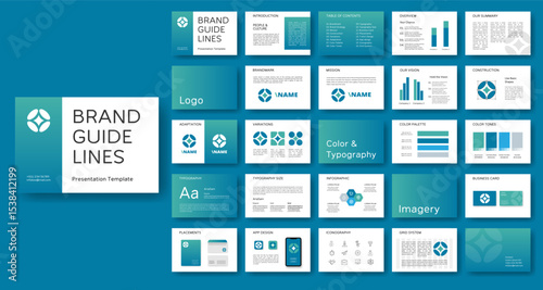 Brand guidelines template. Corporate identity presentation. Logo guidebook layout. Logotype system design. Brand manual mockup.