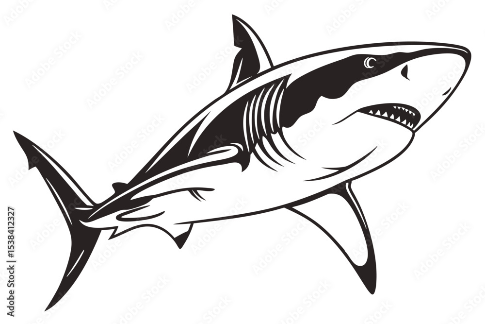 Fototapeta premium Menacing shark swims powerfully with a sharp focus, showcasing pointed teeth in stark black and white